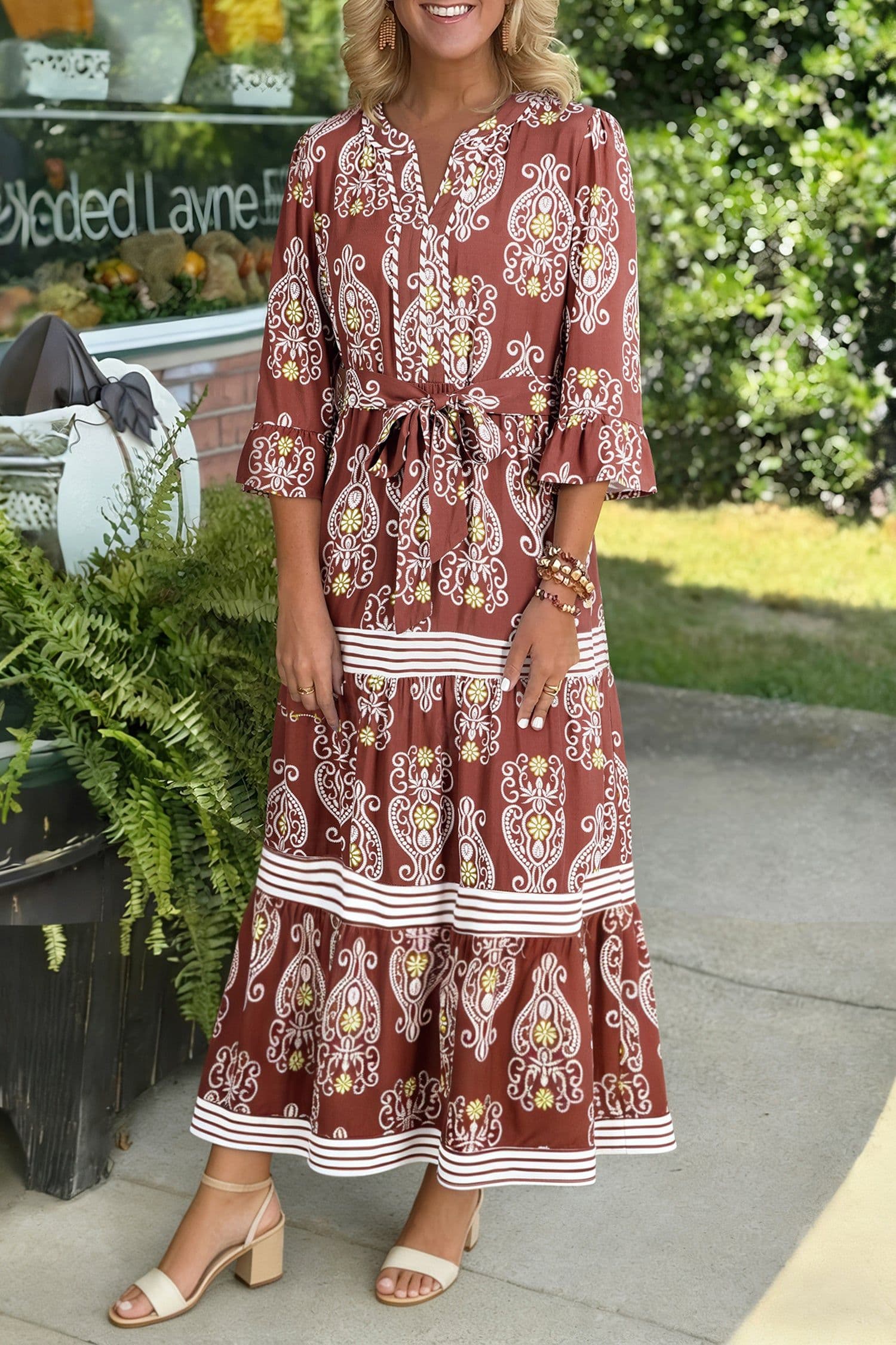 image-Brown Floral Maxi Dress - Belted Tiered Striped Trim