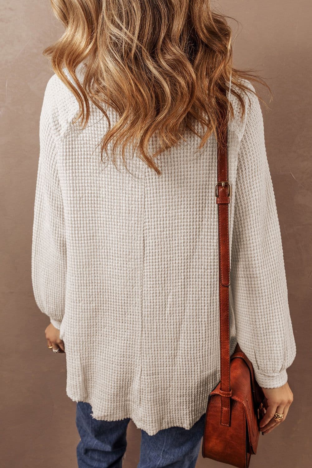 image-Oatmeal Knit Buttoned Front Raglan Loose Blouse