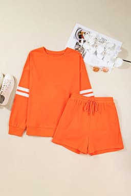 image-Orange Plus Size Varsity Striped Pullover Short Set