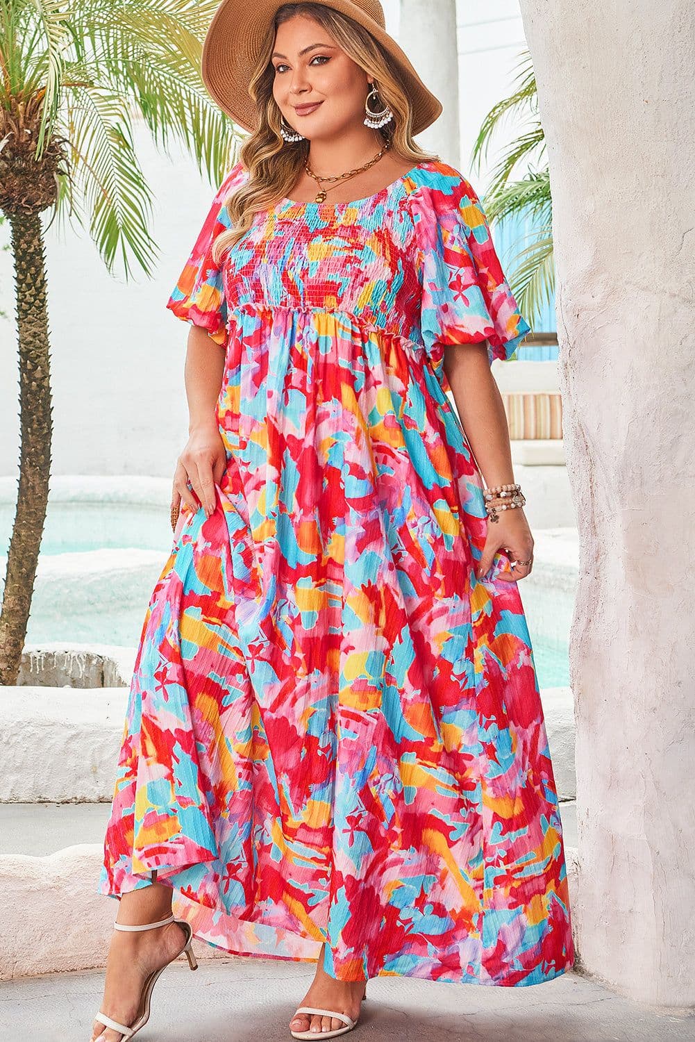 image-Rose Abstract Printed Puff Sleeve Smocked Dress Plus