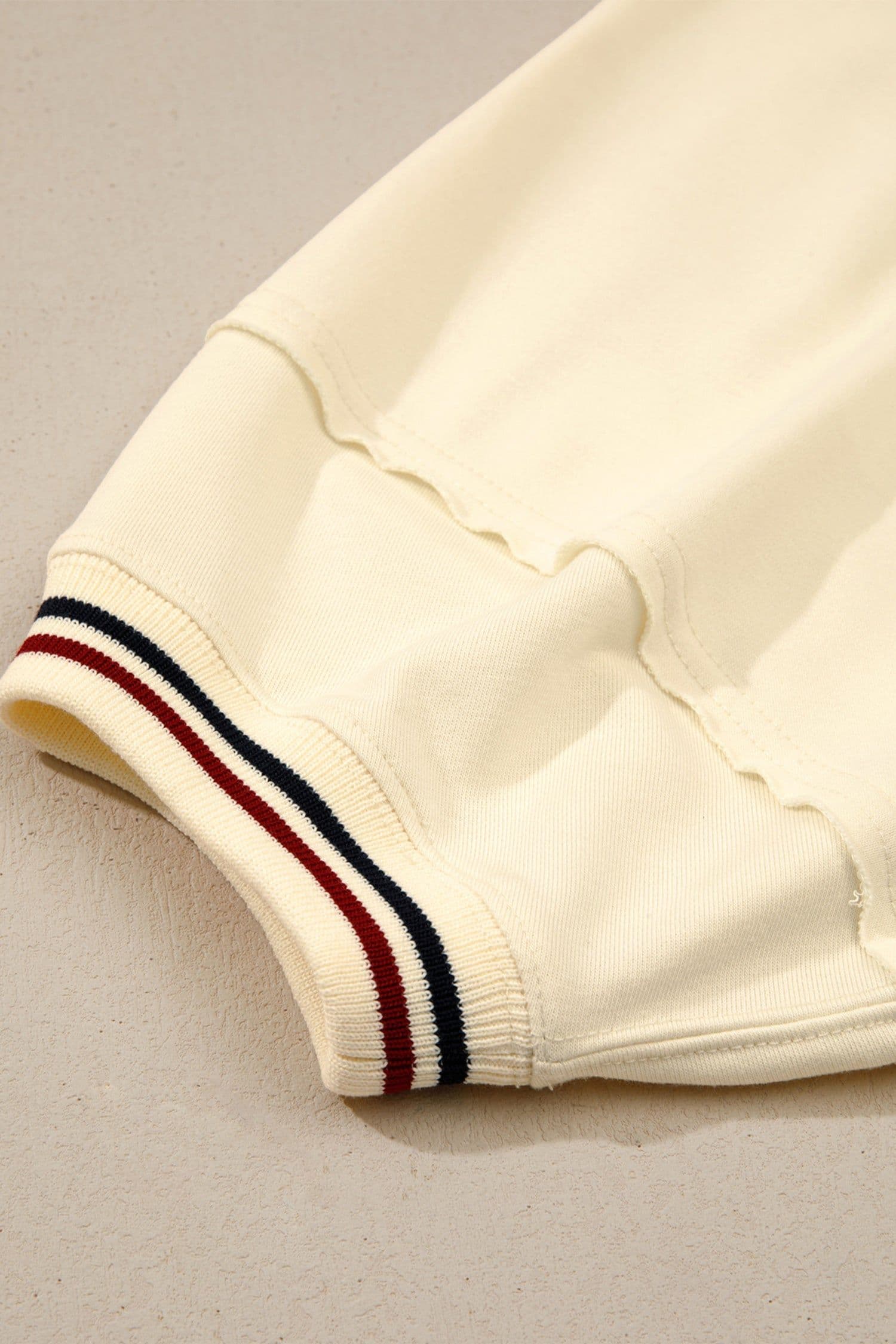 image-Beige Contrast Varsity Striped Neckline Cuffed Short Sleeve Loose Tunic Top