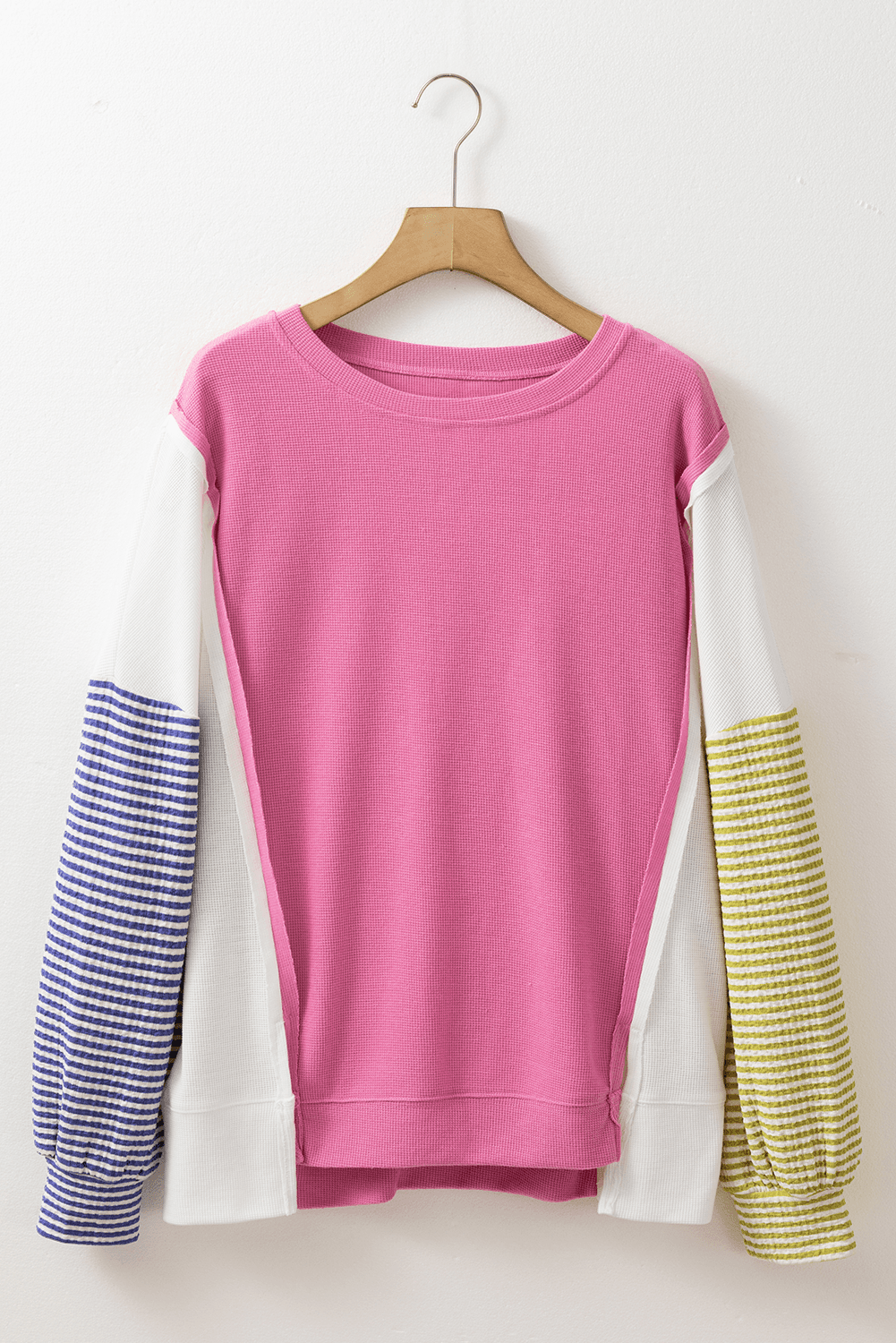 image-Pink Striped Color Block Top with Exposed Seams Long Sleeves