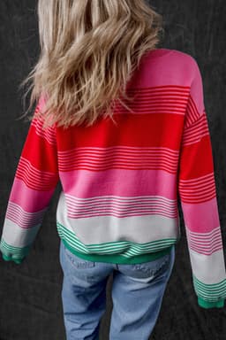 image-Striped Knit Patch Pocket Sweater - Drop Shoulder Design, Comfortable & Trendy