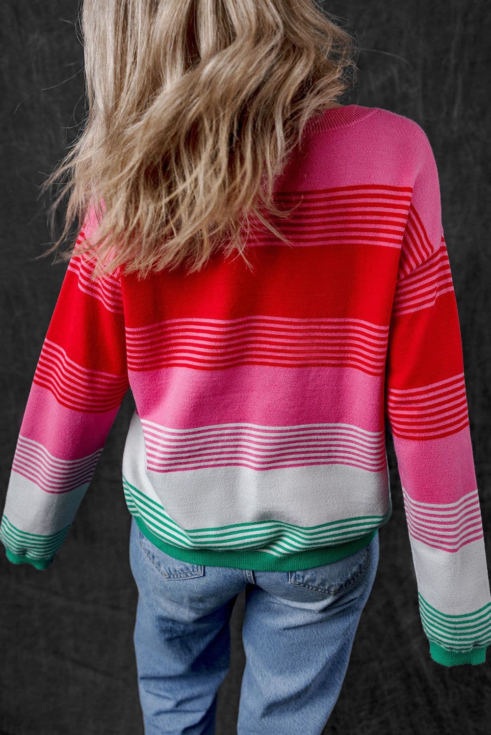 image-Striped Knit Patch Pocket Sweater - Drop Shoulder Design, Comfortable & Trendy
