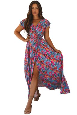image-Blue Floral V Neck Wrap Split Maxi Dress