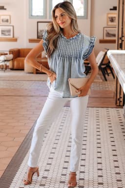 image-Beau Blue Ruffle Pleated Detail Vintage Washed Denim Top
