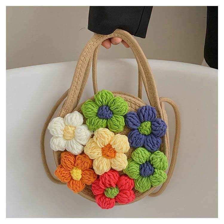 image-Summer New Cotton String Women's Woven Bag Flower Bag Fresh One-shoulder Portable