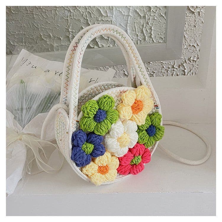 image-Summer New Cotton String Women's Woven Bag Flower Bag Fresh One-shoulder Portable