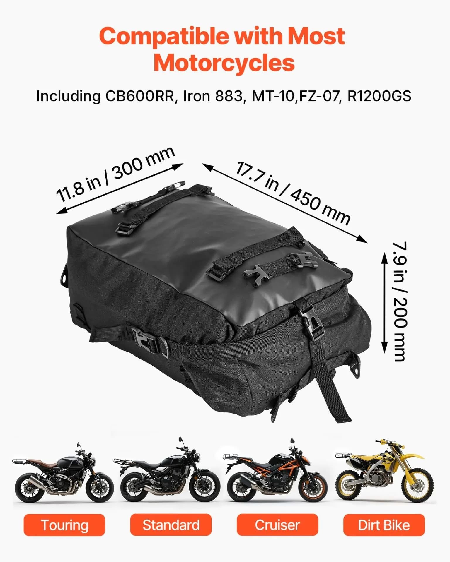 image-VEVOR Motorcycle Tail Bag, 30 L Motorcycle Rear Seat Bag with Waterproof Rain Cover, Outdoor Sports Motorbike Luggage Storage Trunk Rack Backpack with Shoulder Straps, Universal Fit Rear Racks, Black
