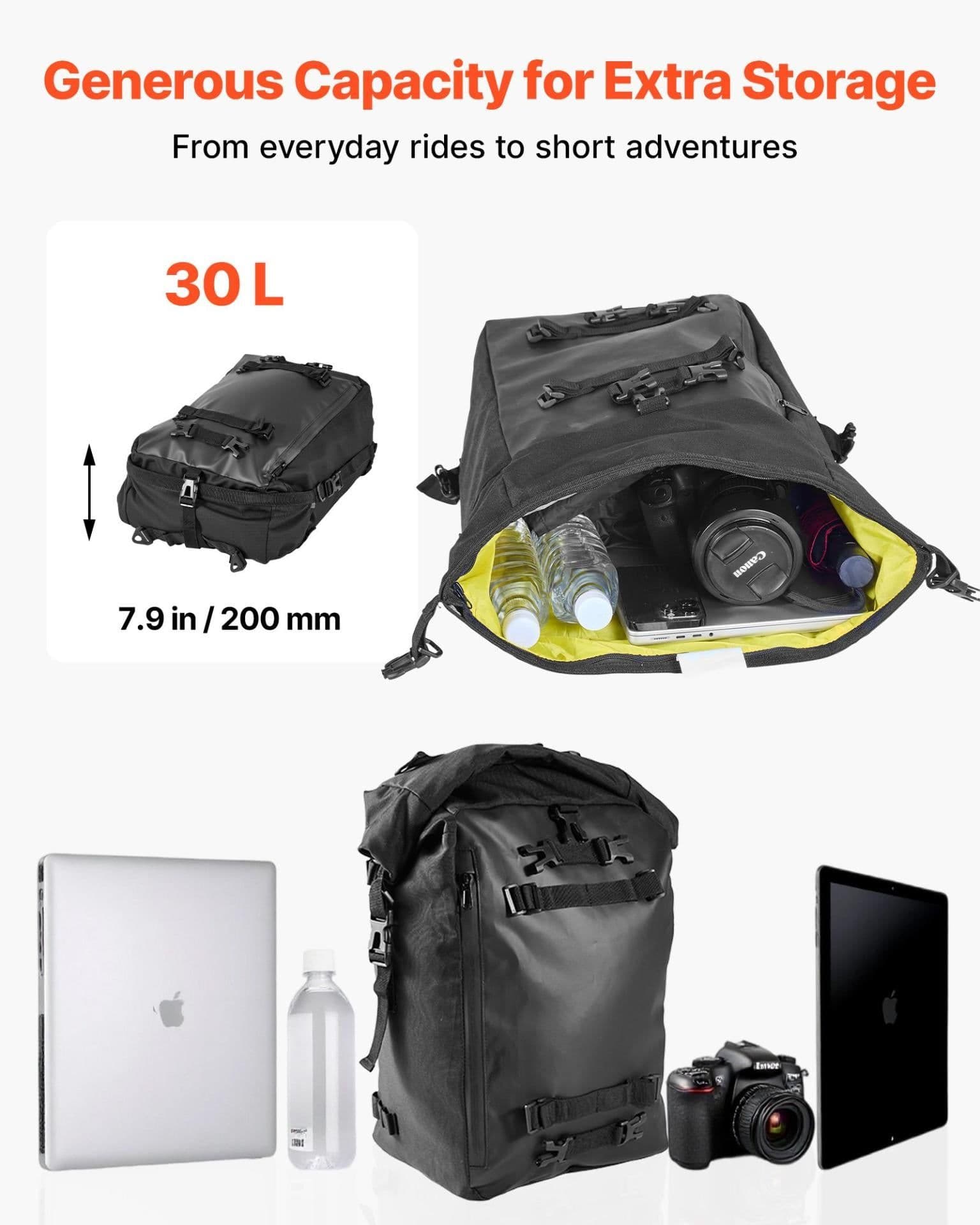 image-VEVOR Motorcycle Tail Bag, 30 L Motorcycle Rear Seat Bag with Waterproof Rain Cover, Outdoor Sports Motorbike Luggage Storage Trunk Rack Backpack with Shoulder Straps, Universal Fit Rear Racks, Black