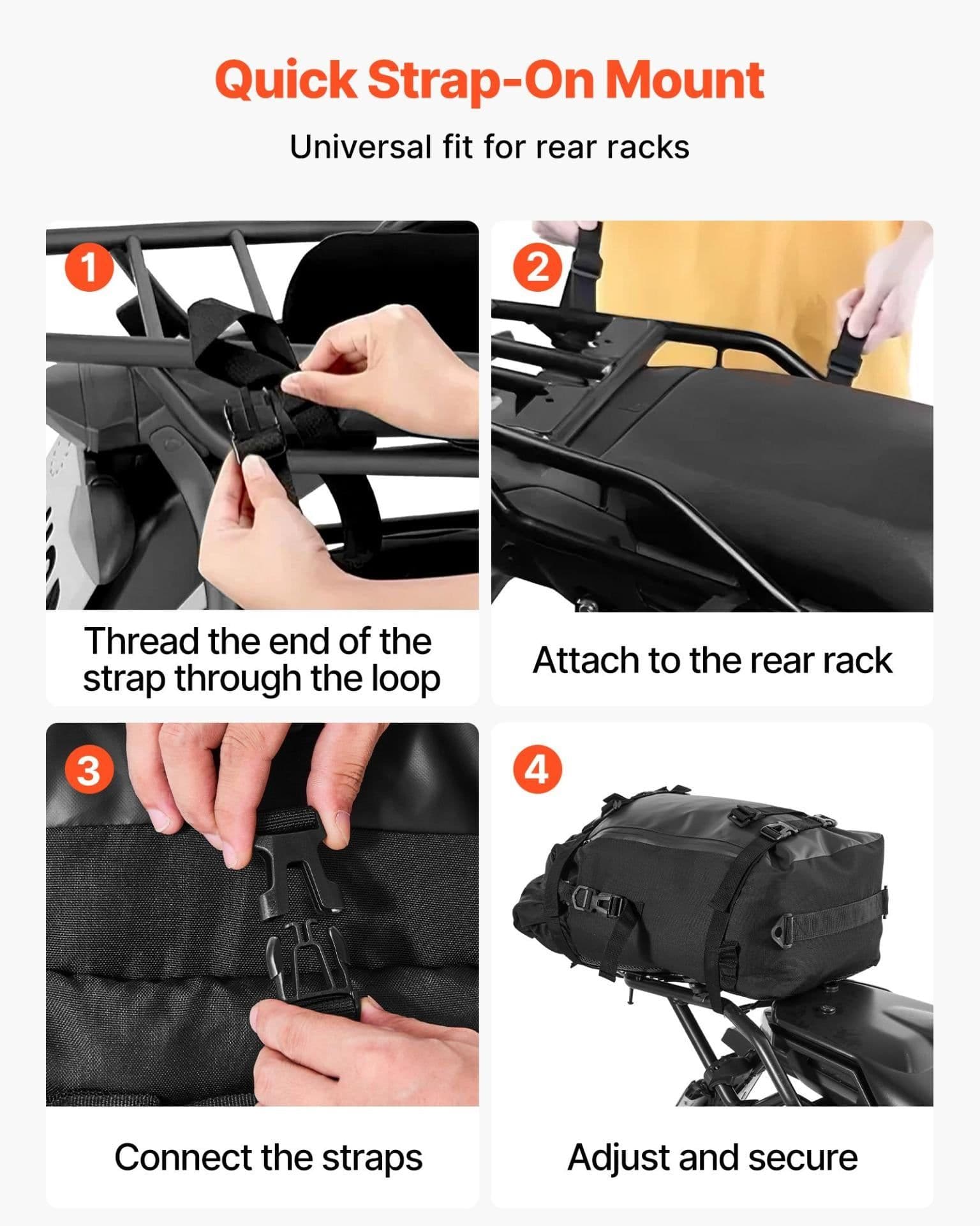image-VEVOR Motorcycle Tail Bag, 30 L Motorcycle Rear Seat Bag with Waterproof Rain Cover, Outdoor Sports Motorbike Luggage Storage Trunk Rack Backpack with Shoulder Straps, Universal Fit Rear Racks, Black