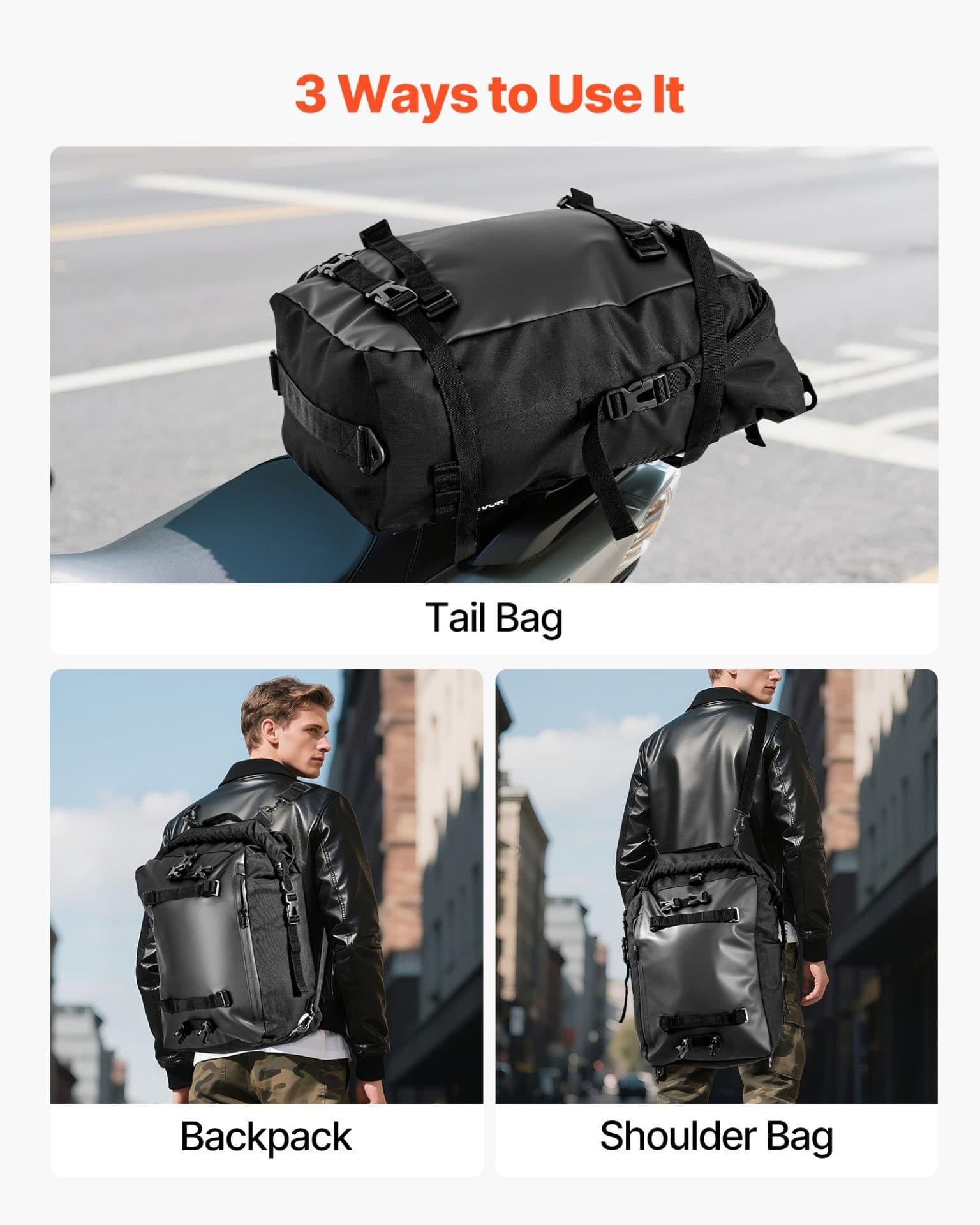 image-VEVOR Motorcycle Tail Bag, 30 L Motorcycle Rear Seat Bag with Waterproof Rain Cover, Outdoor Sports Motorbike Luggage Storage Trunk Rack Backpack with Shoulder Straps, Universal Fit Rear Racks, Black