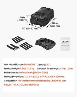 image-VEVOR Motorcycle Tail Bag, 30 L Motorcycle Rear Seat Bag with Waterproof Rain Cover, Outdoor Sports Motorbike Luggage Storage Trunk Rack Backpack with Shoulder Straps, Universal Fit Rear Racks, Black