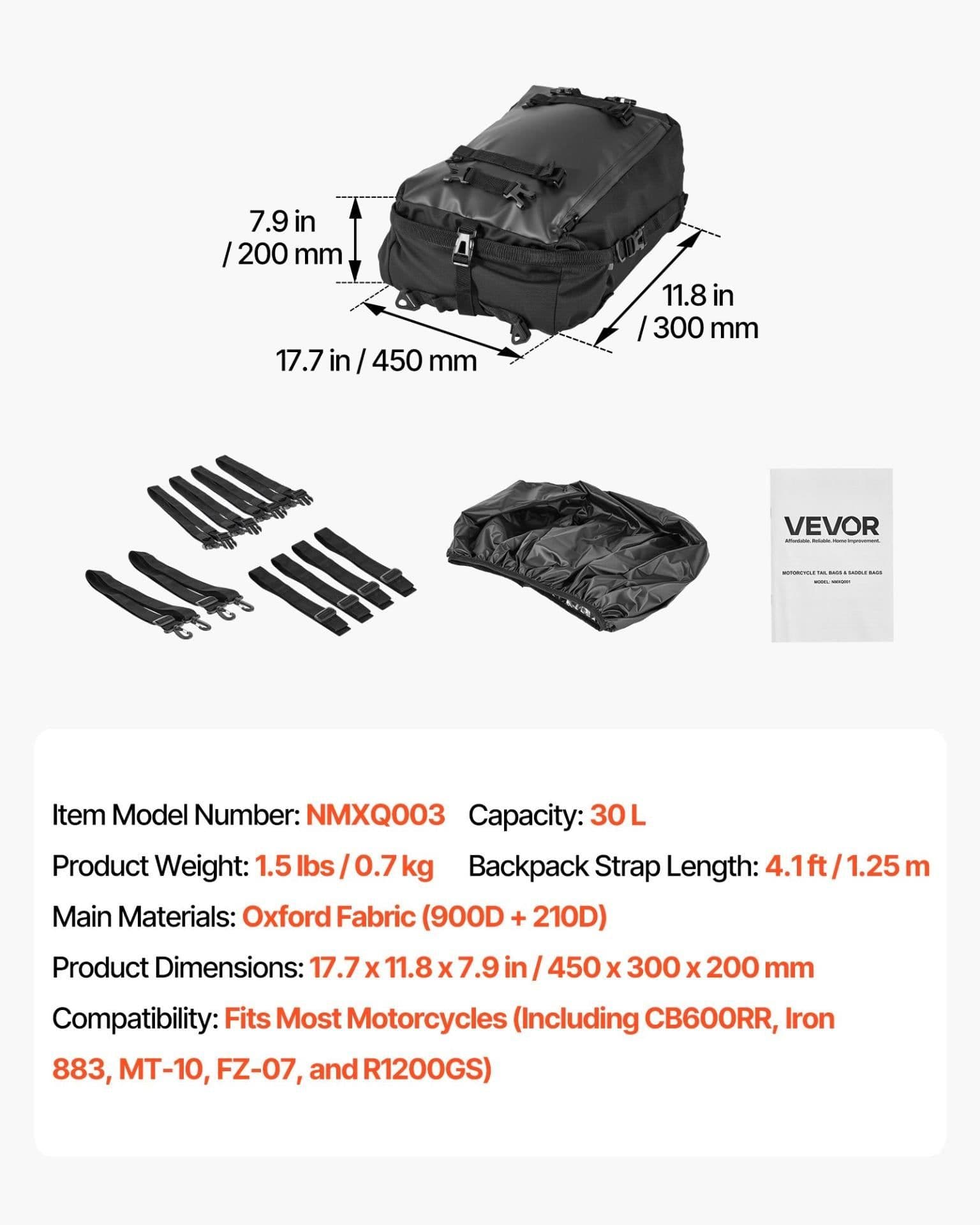 image-VEVOR Motorcycle Tail Bag, 30 L Motorcycle Rear Seat Bag with Waterproof Rain Cover, Outdoor Sports Motorbike Luggage Storage Trunk Rack Backpack with Shoulder Straps, Universal Fit Rear Racks, Black