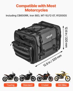 image-VEVOR Motorcycle Tail Bag, 40-60 L Expandable Motorcycle Rear Seat Bag with Waterproof Rain Cover, Foldable Outdoor Sports Motorbike Luggage Storage with Shoulder Straps, Pocket & Elastic Cord, Black