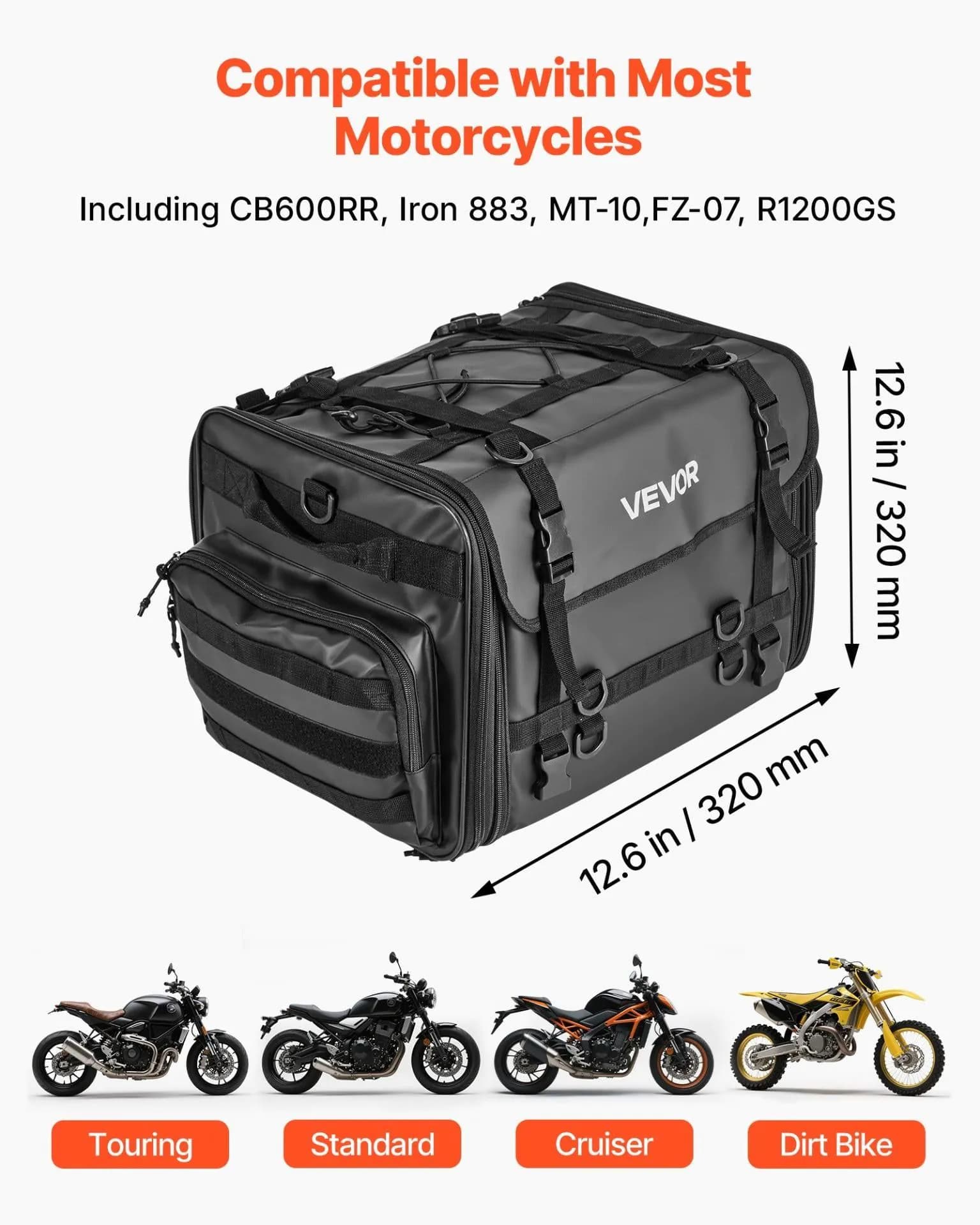 image-VEVOR Motorcycle Tail Bag, 40-60 L Expandable Motorcycle Rear Seat Bag with Waterproof Rain Cover, Foldable Outdoor Sports Motorbike Luggage Storage with Shoulder Straps, Pocket & Elastic Cord, Black