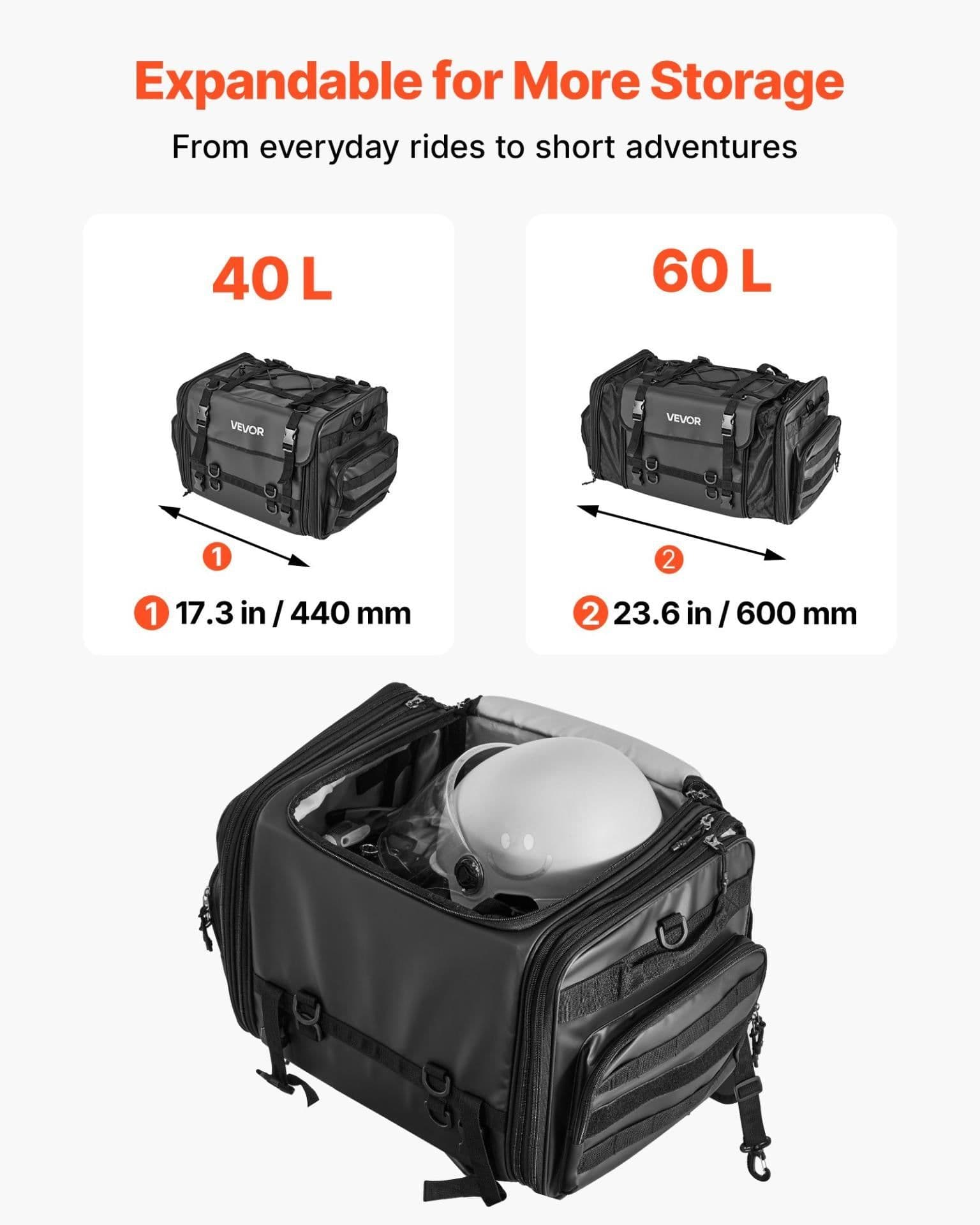 image-VEVOR Motorcycle Tail Bag, 40-60 L Expandable Motorcycle Rear Seat Bag with Waterproof Rain Cover, Foldable Outdoor Sports Motorbike Luggage Storage with Shoulder Straps, Pocket & Elastic Cord, Black