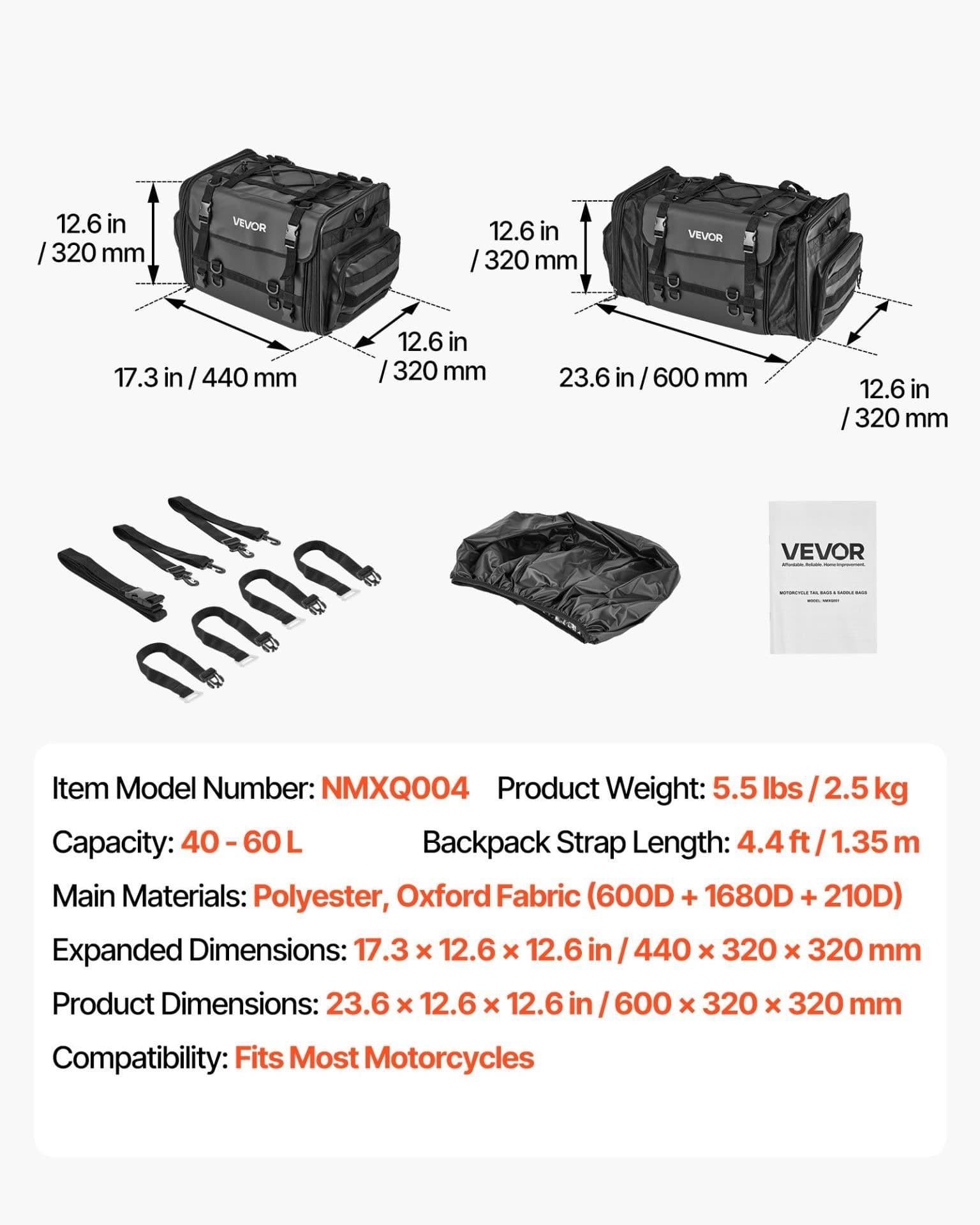 image-VEVOR Motorcycle Tail Bag, 40-60 L Expandable Motorcycle Rear Seat Bag with Waterproof Rain Cover, Foldable Outdoor Sports Motorbike Luggage Storage with Shoulder Straps, Pocket & Elastic Cord, Black