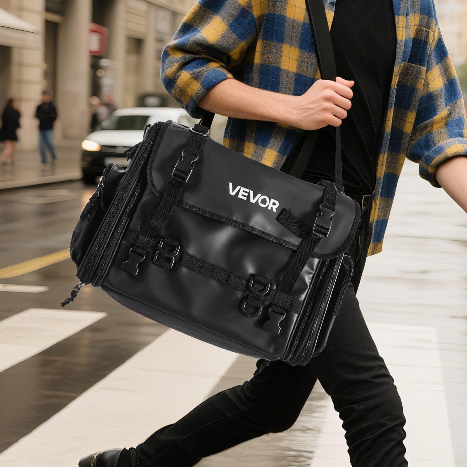 image-VEVOR Motorcycle Tail Bag, 40-60 L Expandable Motorcycle Rear Seat Bag with Waterproof Rain Cover, Foldable Outdoor Sports Motorbike Luggage Storage with Shoulder Straps, Pocket & Elastic Cord, Black