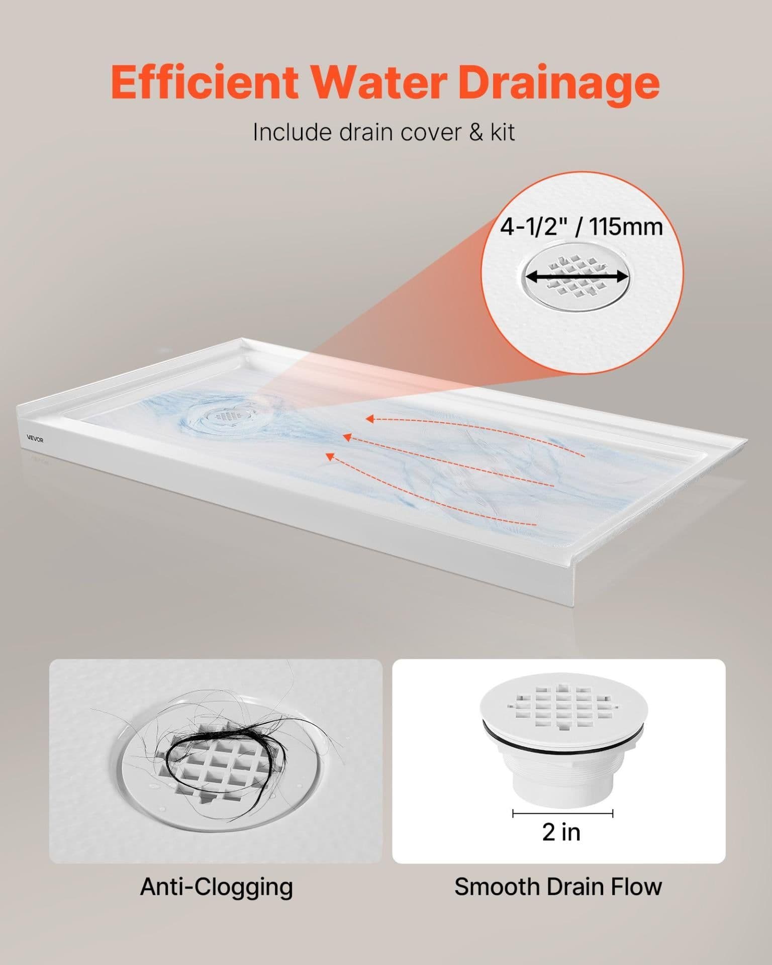 image-VEVOR Shower Pan, 60″ L x 32″ W Single Threshold Shower Base, Rectangle Acrylic & PVC Showering Base in White, Slip-Resistant Showering Pan Bases with Drain & Cover for Bathroom, Left Drain Location