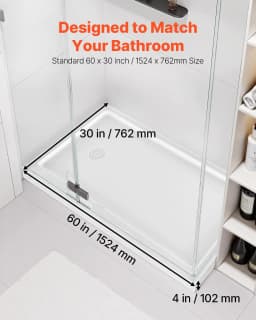 image-VEVOR Shower Pan, 60″ L x 30″ W Single Threshold Shower Base, Rectangle Acrylic & PVC Showering Base in White, Slip-Resistant Showering Pan Bases with Drain & Cover for Bathroom, Left Drain Location