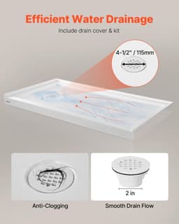 image-VEVOR Shower Pan, 60″ L x 30″ W Single Threshold Shower Base, Rectangle Acrylic & PVC Showering Base in White, Slip-Resistant Showering Pan Bases with Drain & Cover for Bathroom, Left Drain Location
