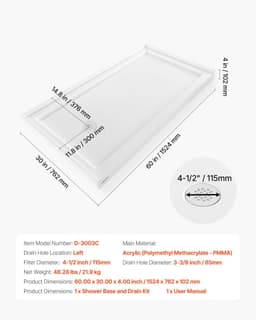 image-VEVOR Shower Pan, 60″ L x 30″ W Single Threshold Shower Base, Rectangle Acrylic & PVC Showering Base in White, Slip-Resistant Showering Pan Bases with Drain & Cover for Bathroom, Left Drain Location