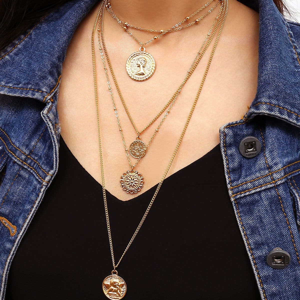image-European and American cross-border jewelry, multi-layered multi-layer round street shooting elements, women, retro queen, avatar, creative necklace