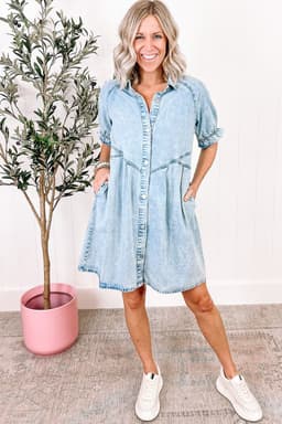 image-Beau Blue Mineral Wash Ruffled Denim Dress