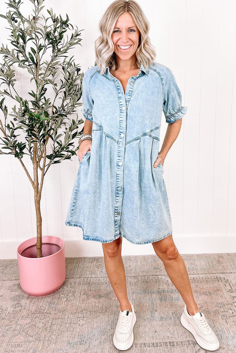 image-Beau Blue Mineral Wash Ruffled Denim Dress