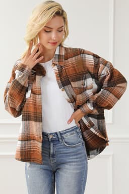 image-Shacket with Pink/Black Plaid Flap Pockets - Chic Style, Loose Fit (65 characters)