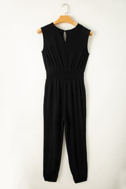 image-High Waist Shirred V Neck Jumpsuit - Sleeveless Sexy Design