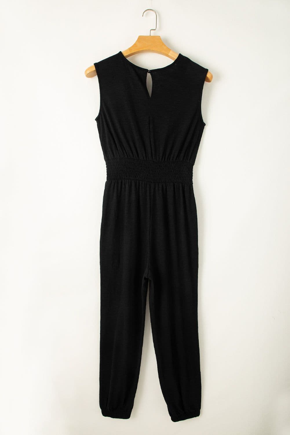 image-High Waist Shirred V Neck Jumpsuit - Sleeveless Sexy Design