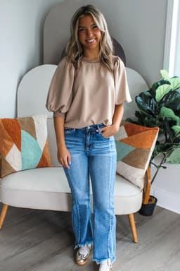 image-Goat Half Lantern Sleeve Solid Pullover Top