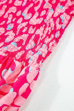 image-Pink Leopard Ruffle Straps Smocked High Waist Long Dress