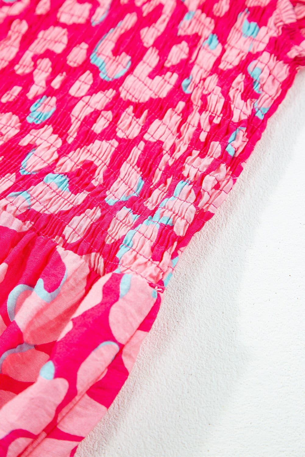 image-Pink Leopard Ruffle Straps Smocked High Waist Long Dress