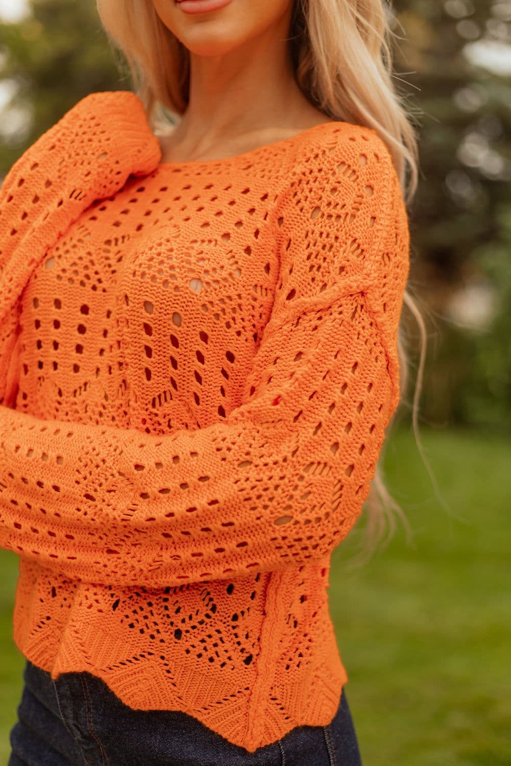 image-Carrot Open Crochet Scallop Edge Sweater