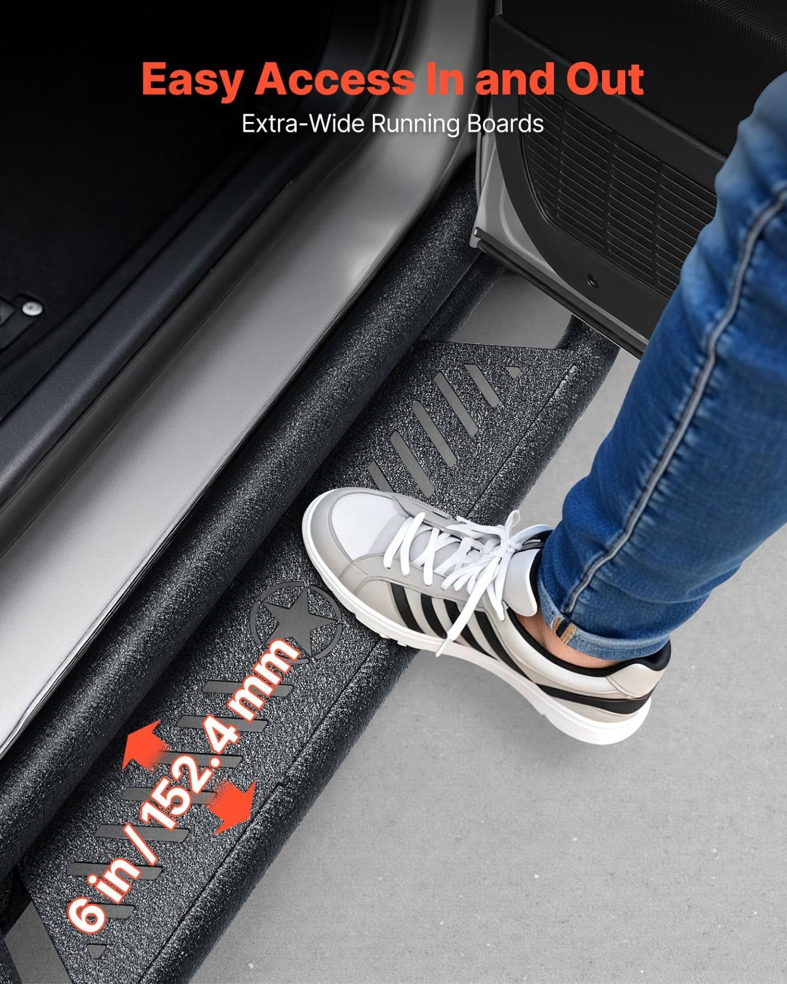 image-VEVOR Running Boards, 6 Inches Side Steps Compatible with 2005-2023 Toyota Tacoma Double Cab, Black Carbon Steel Nerf Bars, 550 lbs Load Capacity, Wide Non-Slip Hollow Surface with Rustproof Coating