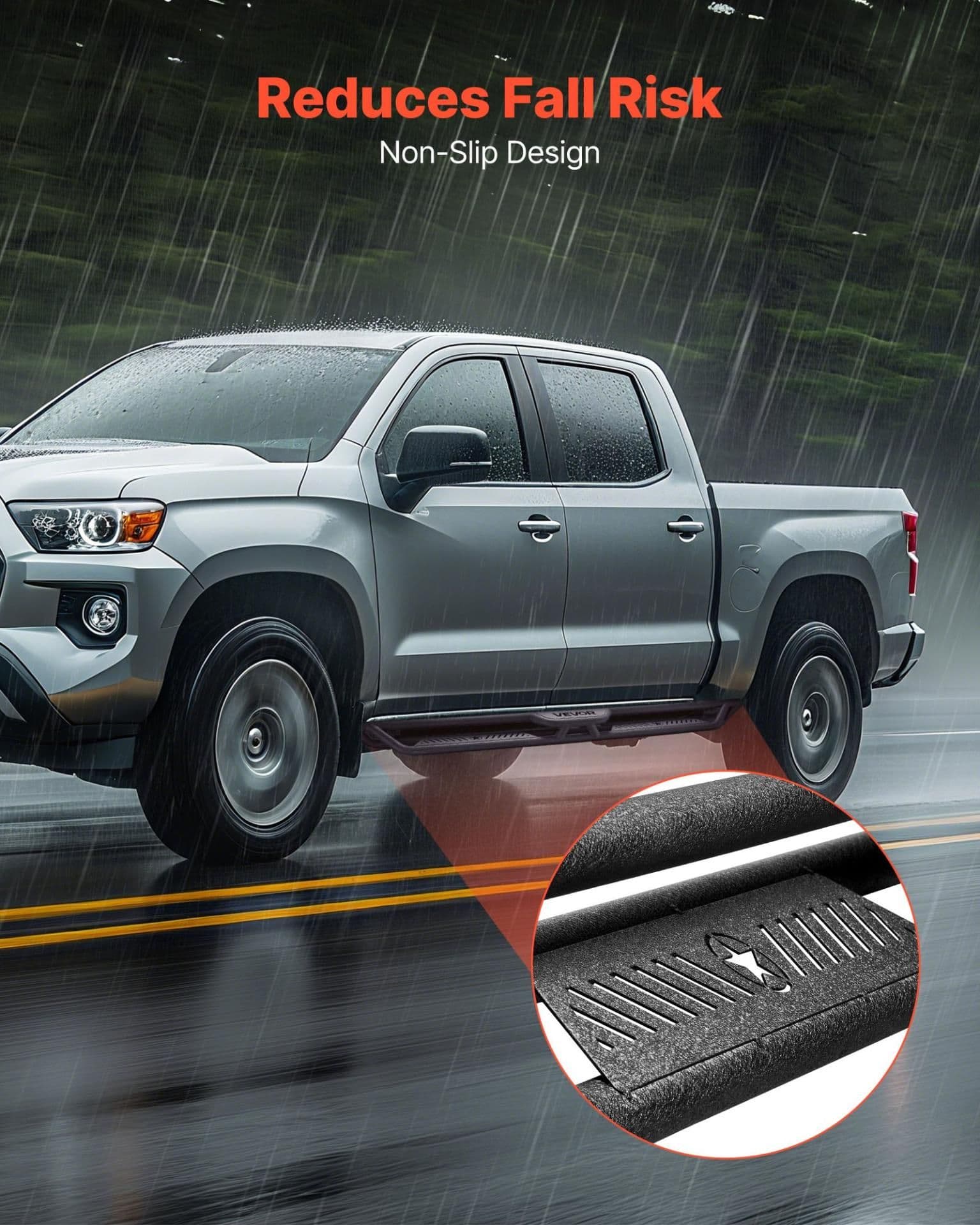 image-VEVOR Running Boards, 6 Inches Side Steps Compatible with 2005-2023 Toyota Tacoma Double Cab, Black Carbon Steel Nerf Bars, 550 lbs Load Capacity, Wide Non-Slip Hollow Surface with Rustproof Coating