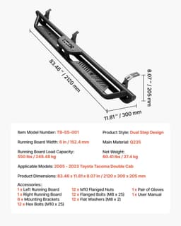 image-VEVOR Running Boards, 6 Inches Side Steps Compatible with 2005-2023 Toyota Tacoma Double Cab, Black Carbon Steel Nerf Bars, 550 lbs Load Capacity, Wide Non-Slip Hollow Surface with Rustproof Coating