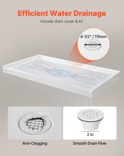 image-VEVOR Shower Pan, 60″ L x 32″ W Single Threshold Shower Base, Rectangle Acrylic & PVC Showering Base in White, Slip-Resistant Showering Pan Bases with Drain & Cover for Bathroom, Center Drain Location