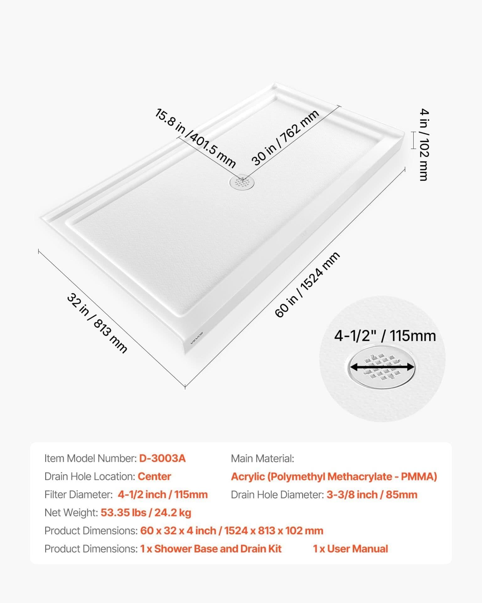 image-VEVOR Shower Pan, 60″ L x 32″ W Single Threshold Shower Base, Rectangle Acrylic & PVC Showering Base in White, Slip-Resistant Showering Pan Bases with Drain & Cover for Bathroom, Center Drain Location