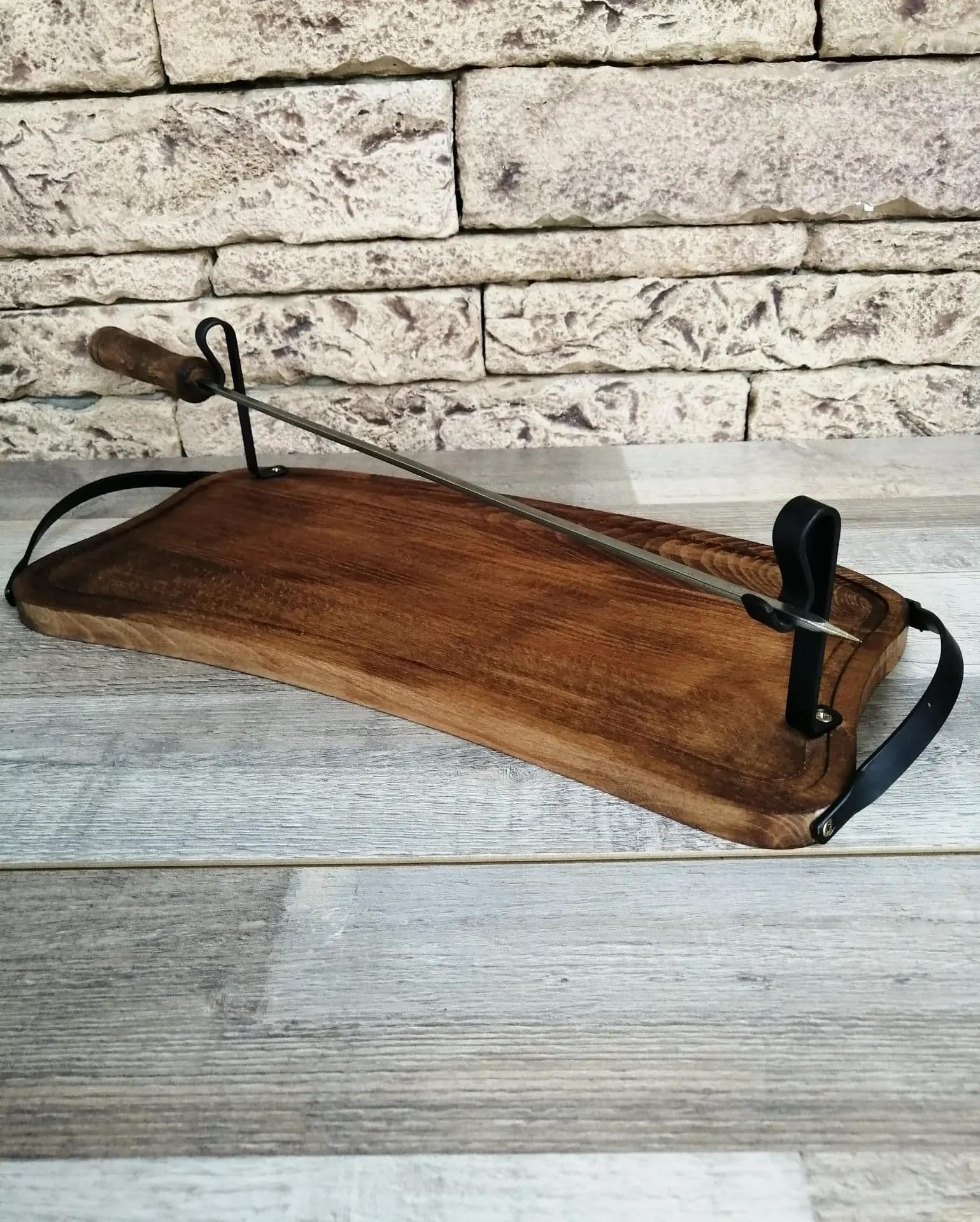 image-Wooden Tray with Handles for Barbecue, Iron Skewer with Wood Grip, Top Gift for Dad