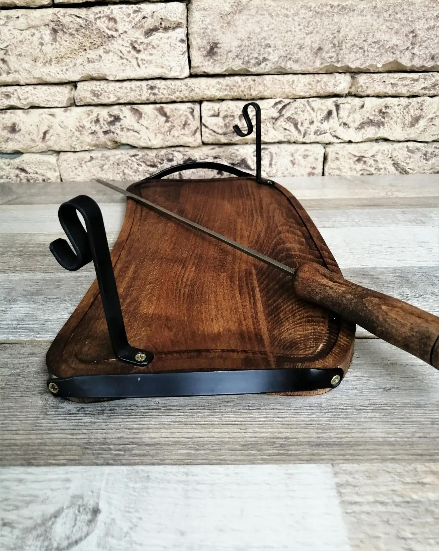 image-Wooden Tray with Handles for Barbecue, Iron Skewer with Wood Grip, Top Gift for Dad