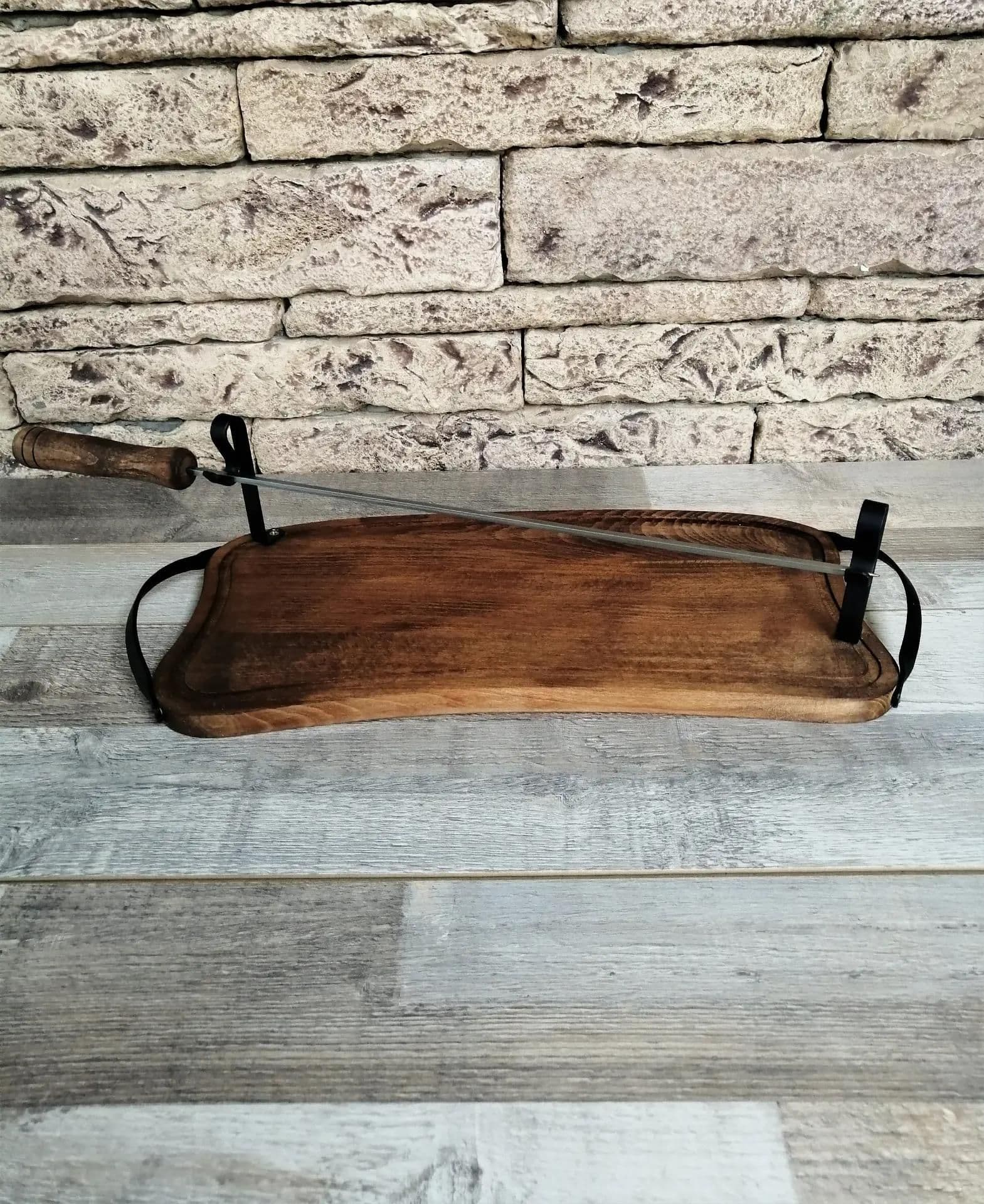 image-Wooden Tray with Handles for Barbecue, Iron Skewer with Wood Grip, Top Gift for Dad