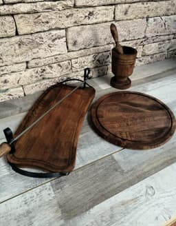 image-Barbecue grilling set, serving tray, cutting wood board, mortar for crushing spices