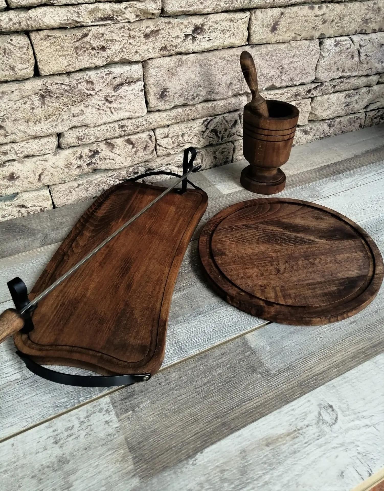 image-Barbecue grilling set, serving tray, cutting wood board, mortar for crushing spices