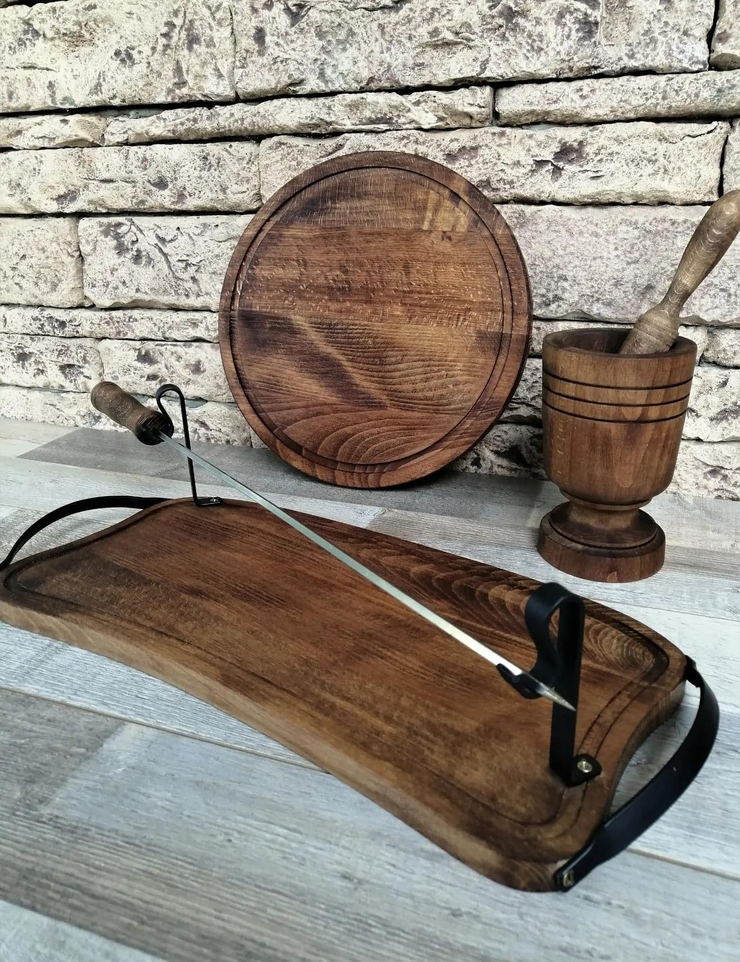 image-Barbecue grilling set, serving tray, cutting wood board, mortar for crushing spices