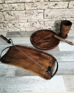 image-Barbecue grilling set, serving tray, cutting wood board, mortar for crushing spices