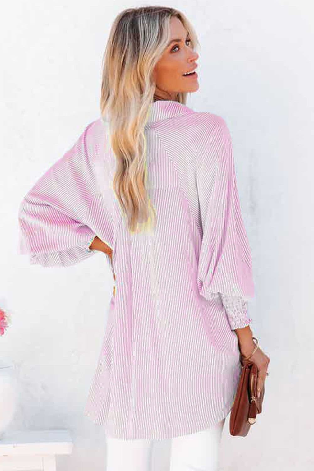 image-Sky Blue Striped Boyfriend Shirt with Pocket - Smocked Cuffs